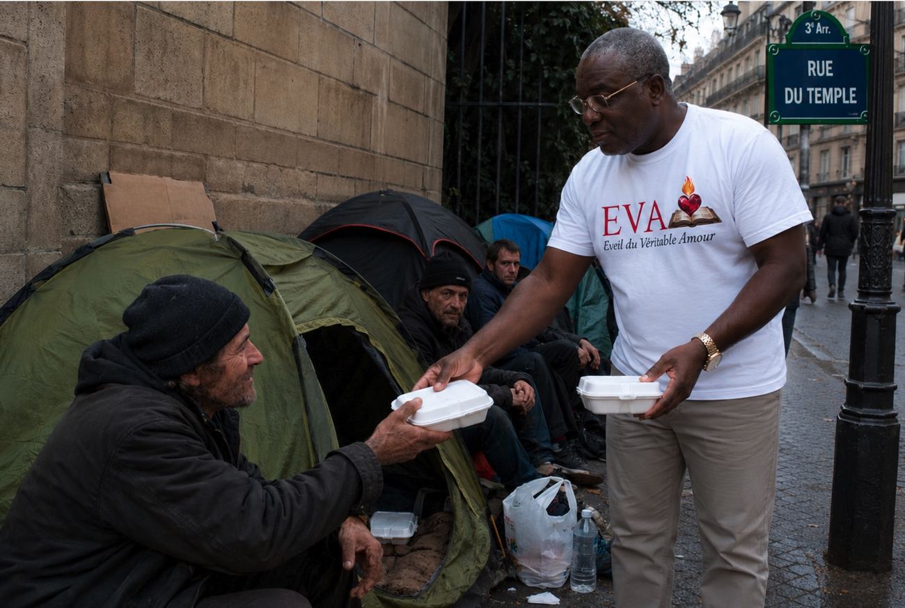 Bénévole EVA distribuant un repas, rue du Temple à Paris